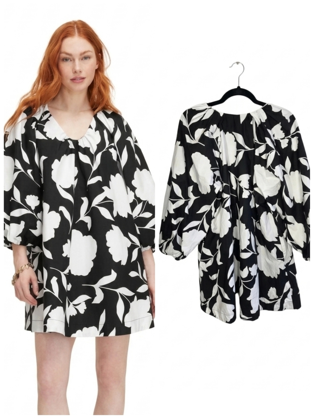 Kate Spade Black & White Floral Shift Dress Statement Sleeves Womens Size Medium
